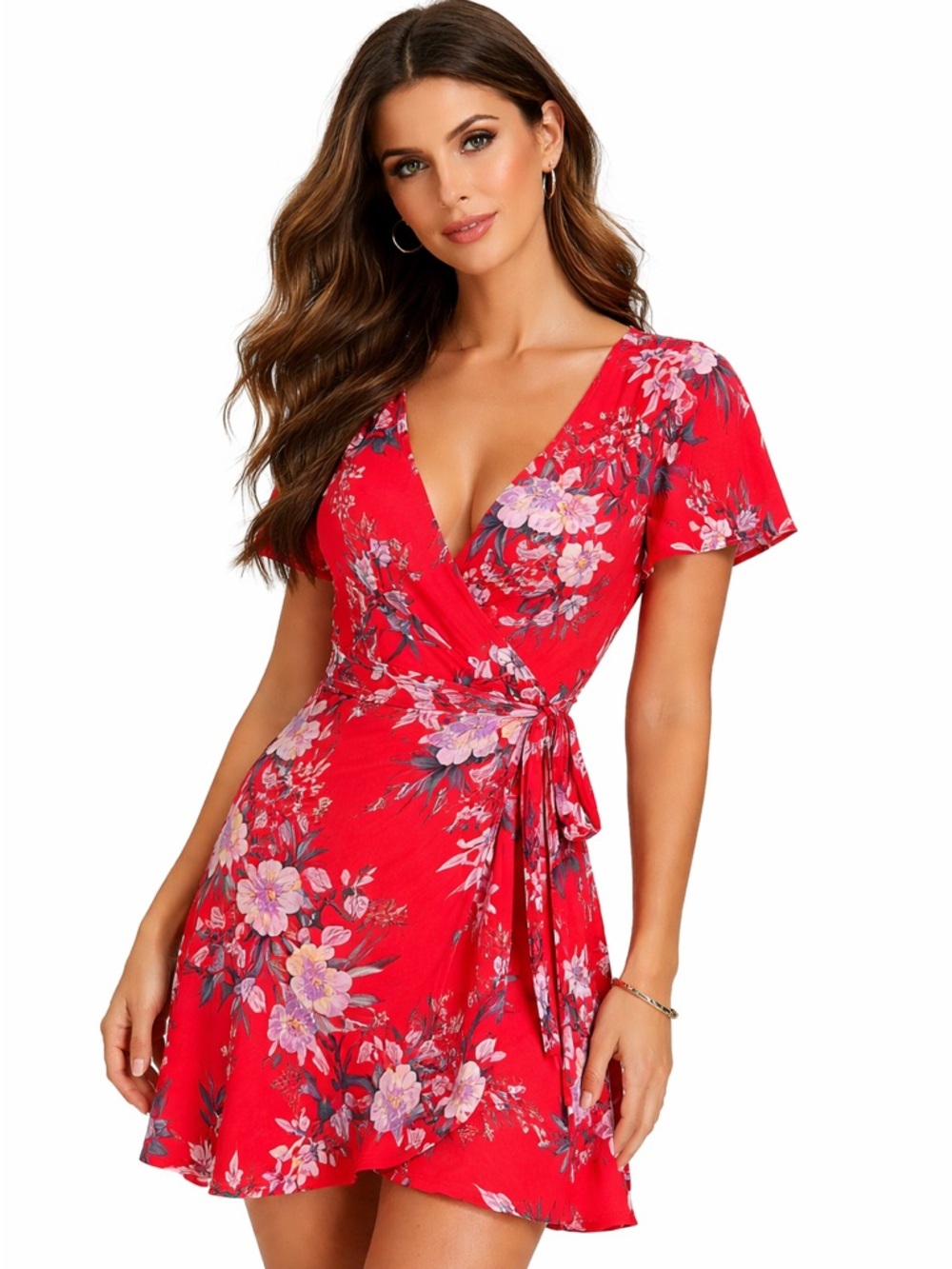 Bold Red floral wrap Dress